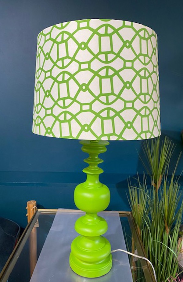 Matt Green Column Table Lamp & Patterned Shade - SALE