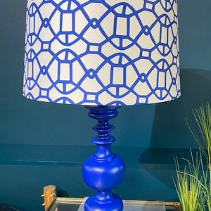 Matt Blue Column Table Lamp & Patterned Shade - SALE!